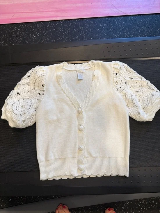 Design History Cream Crochet Puff Sleeve Button Cardigan - Picture 1 of 4
